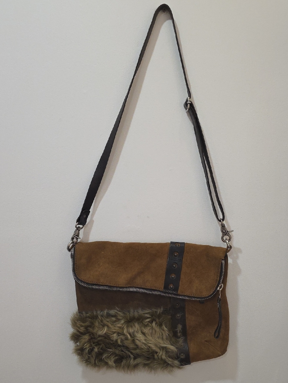 A.S.98 Leather Suede & Fur Cross Body Bag Tan & Brown Color